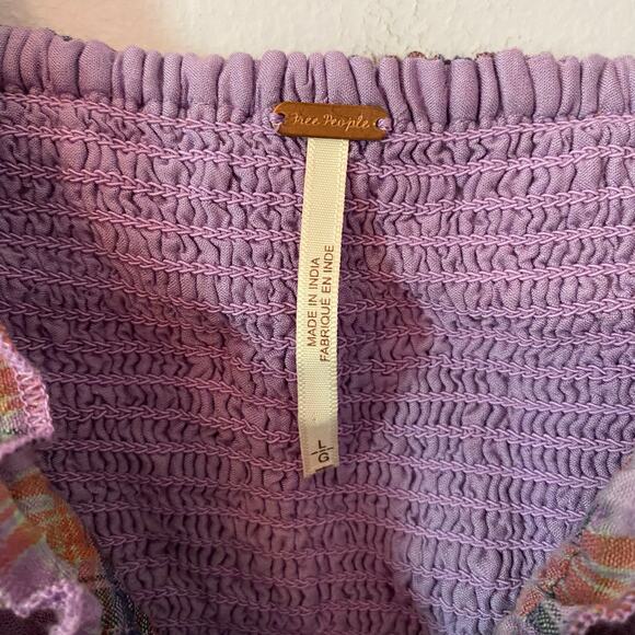 Free People Purple Plaid Puff Sleeve Babydoll Blouse Cropped Women's size Large - Picture 3 of 10